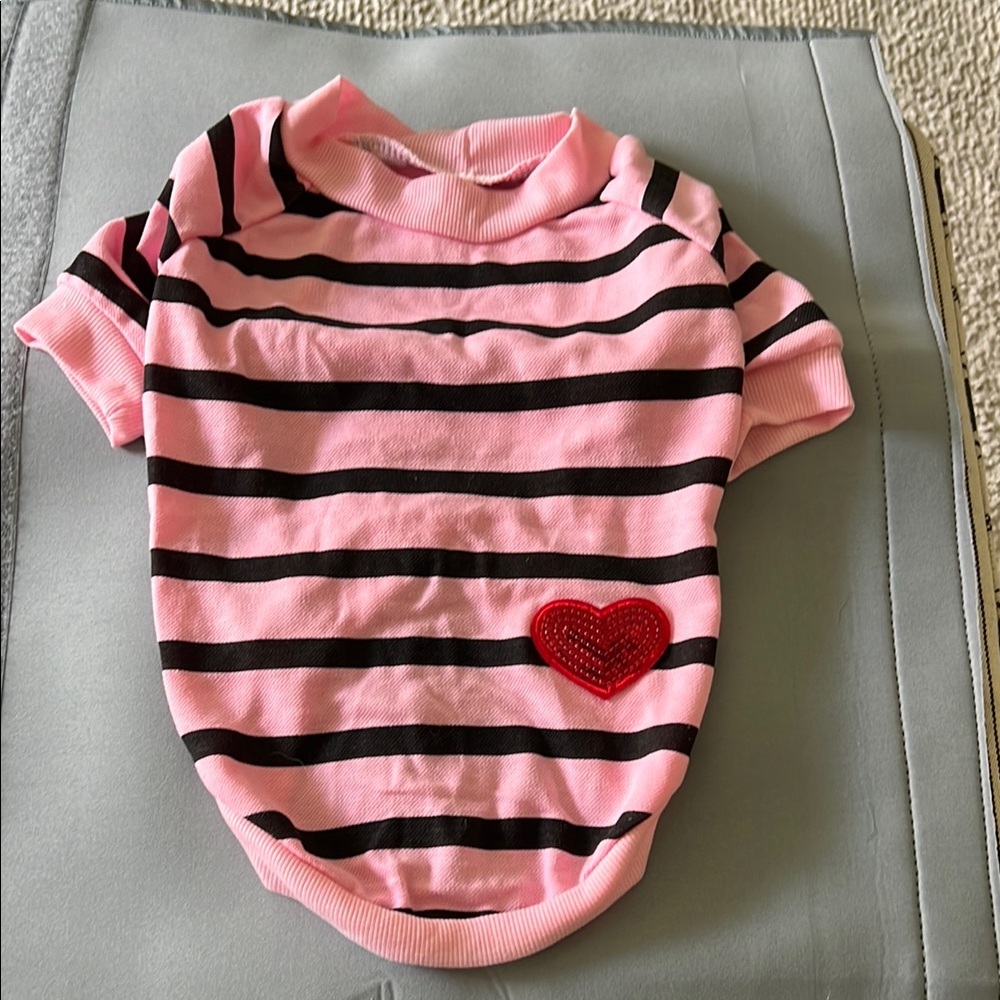 Pink Striped dog Shirt with Heart Patch and Grey size L NWOT